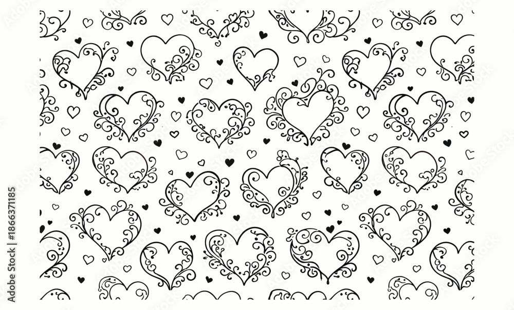 Fototapeta premium A seamless pattern of ornate hearts. Each heart is uniquely decorated with intricate swirls, flourishes, and small heart outlines, giving it a romantic and decorati