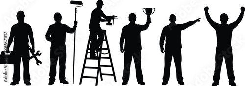 Construction worker silhouettes with tools and ladder celebrating success, teamwork achievement concept, professional industrial labor roles, black vector illustration set