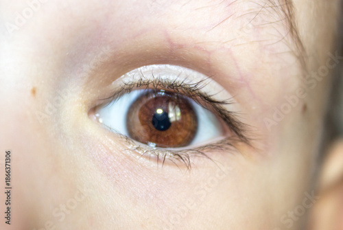Extreme close-up of a little boy's brown eyes looking at the camera.