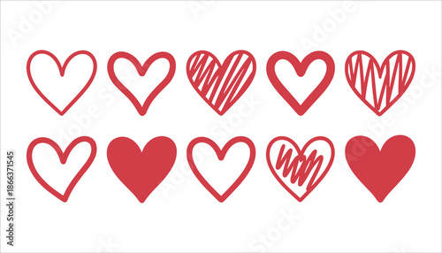 Red heart shapes in different styles on white background red hearts love symbols hand drawn