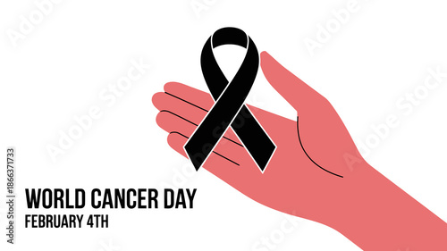 World Cancer Day Black Ribbon Hand Awareness Vector Illustration