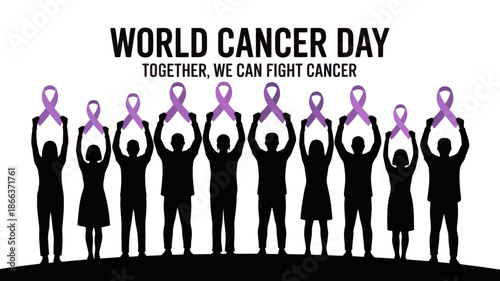 World Cancer Day Purple Ribbon Unity Silhouette Awareness Vector Illustration