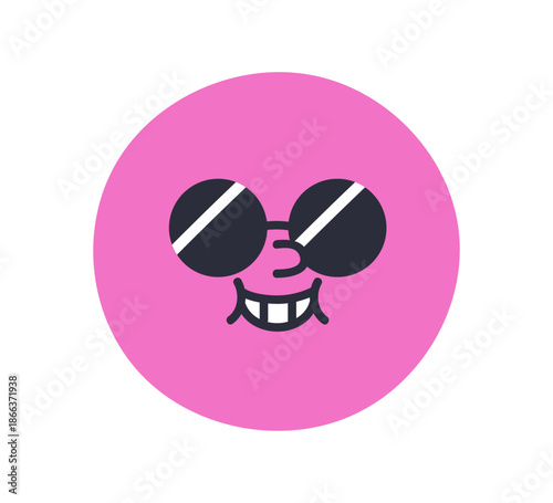 Smiling emoji face in sunglasses. Cute funny round character with happy joyful cheerful expression, cool summer glasses in comic style. Flat vector illustration isolated on white background