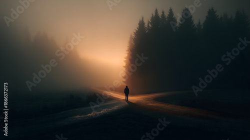 Silhouette of man standing at crossroads on foggy country road at sunrise.