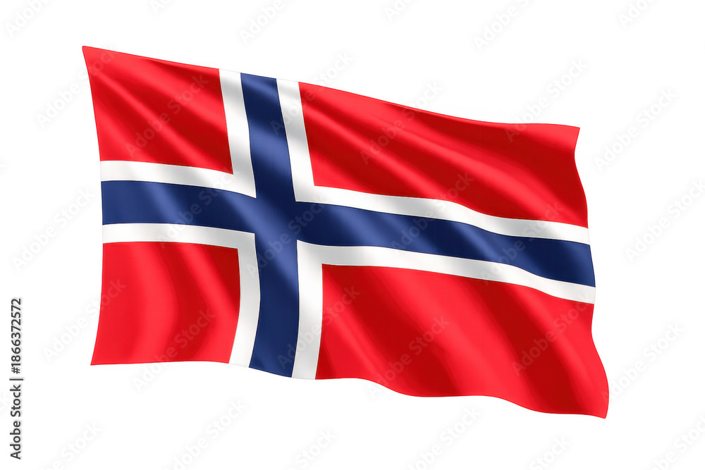Fototapeta premium Norway national flag, a red banner with a blue nordic cross bordered in white, waving smoothly on a transparent background