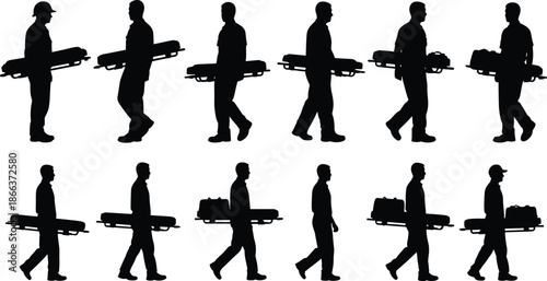 Stretcher carrying silhouettes, emergency responder motion, helmet and gear, walking sequence, rescue biomechanics, vector art, patient transport concept