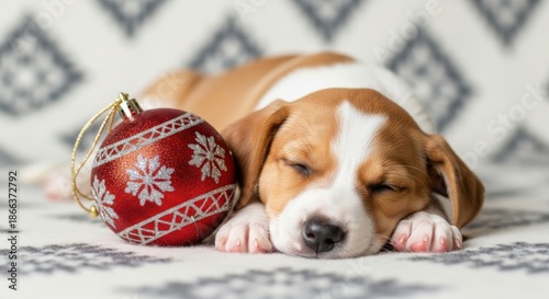 Cute beagle puppy sleeping peacefully next to red Christmas bauble