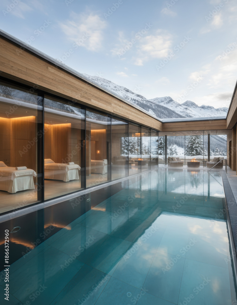 Fototapeta premium Contemporary architectural spa design featuring a reflecting pool and mountain vista view