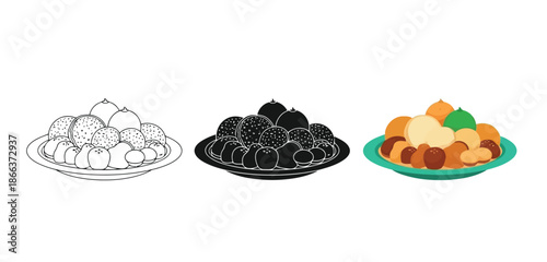 Assorted Fruits Plates Vector Set in Three Styles — Line Art, Silhouette and Color Version for Islamic Design, App UI, Posters and Branding
