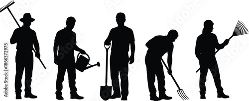 Gardening people silhouette, farm workers, garden tools, outdoor activity, agriculture scene, flat vector illustration, 