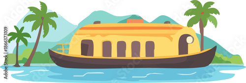 A flat colorful illustration of a traditional houseboat floating on calm water, surrounded by palm trees and lush tropical hills.