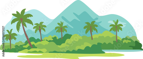 A flat tropical landscape illustration featuring lush green hills, palm trees, and layered mountains under a calm blue sky.