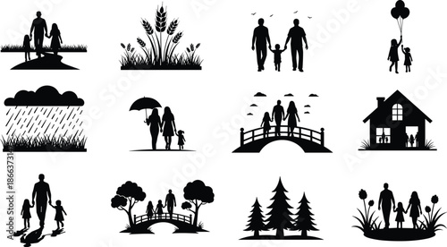 WebFamily silhouettes in nature scenes, parents and children walking together, home, bridge, rain, forest, love, protection, simple black vector illustration
