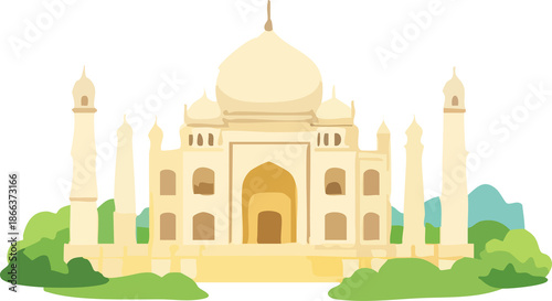 A flat cartoon illustration of the Taj Mahal, showing its iconic white marble dome and minarets set against greenery