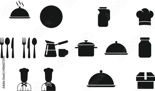 Kitchen and restaurant icon set featuring chef hat, cutlery, cooking pot, and food delivery box silhouettes, isolated on white background for menu design.