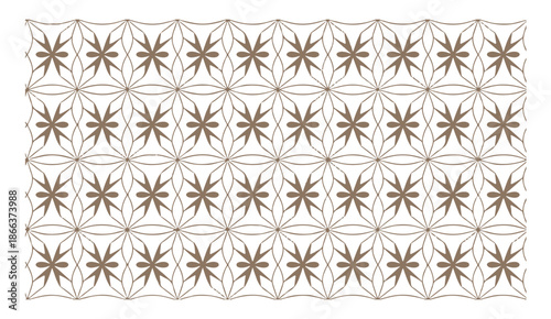 Brown geometric floral pattern with star and petal shapes repeating on white background for fabrics