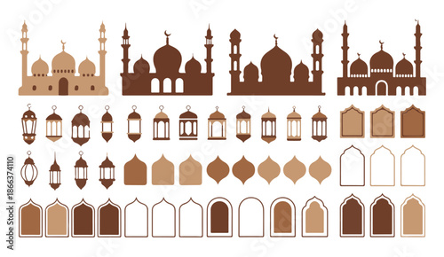 Islamic architecture design collection with mosque silhouettes arabic lanterns frames and arch shapes