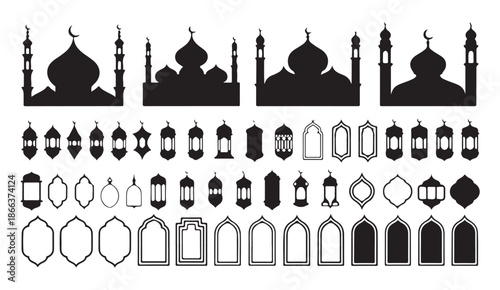 Islamic architecture black and white collection with mosque silhouettes arabic lanterns and frames