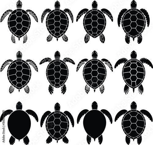 Nine black and white sea turtles with detailed shells and flippers 1