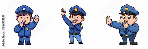 Cartoon Handdrawn Cute Policeman Blowing Whistle Doing Stop Gesture Illustration