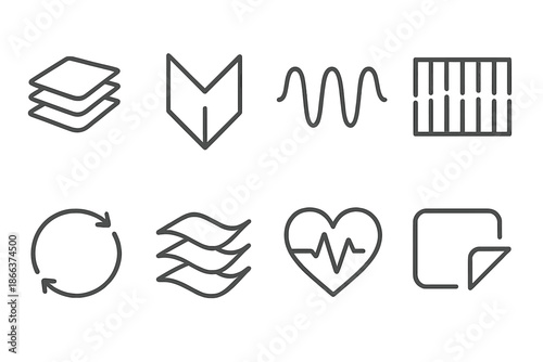 Rhythmic Folded Patterns Icons. Line style icons of rhythmic folded patterns: layered folds, pulsing crease, steady beat waves,