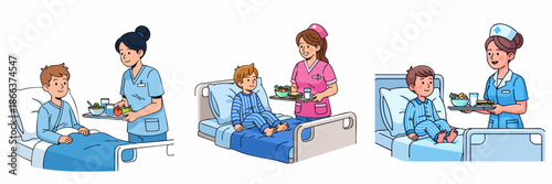 Cartoon Style Diverse Nurses Caring for Patients in Hospital Beds Illustration