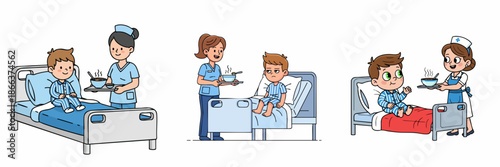Cartoon Style Illustration of Nurse Taking Care Patient in Hospital Bed