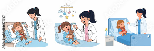 Cartoon Style Illustration of Doctor Examining A Sick Girl Patient