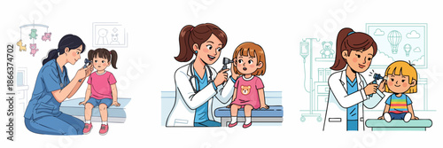 Cartoon Style Illustration Doctor Examining Little Patient Ear in Clinic