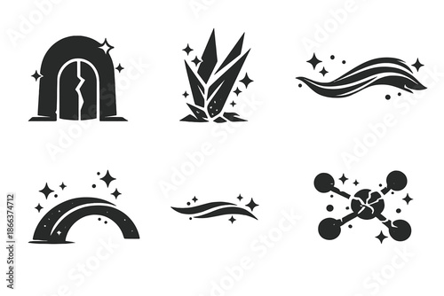 Subtle Threshold Icons. Solid style icons of Subtle Threshold: whisper gate, beam shard, flowing thread, luminous arc, soft line,