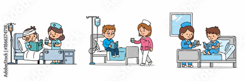 Cartoonish Handdrawn Patient and Nurse in Hospital Bed Illustration