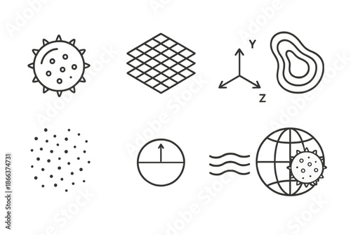 Microscopic Botanical Symbols. Line style icons of microscopic botanical measurement: pollen cell, layered grid, spatial axis,
