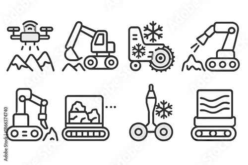 Mini Glacial Robots. Line style icons of mini glacial process robots: glacier drone, micro excavator, frost wheel, melting ray,