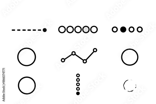 Progress Tracker Icons. Line style icons of dappled progress trackers: dotted path, shaded circle, textured bar, spotted