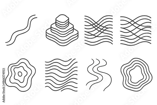 Underwater Silk Depths. Line style icons of underwater silk depth charts: flowing thread lines, layered depth grid, woven water
