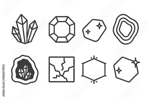 Mineral Void Icons. Line style icons of mineral void narratives: open crystal form, hollow gem, reflective surface, layered