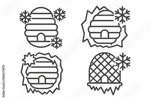 Frozen Bee Basket Icon. Line style icons of bee basket freezing: woven hive basket, frost outline, chilled structure, crystalline
