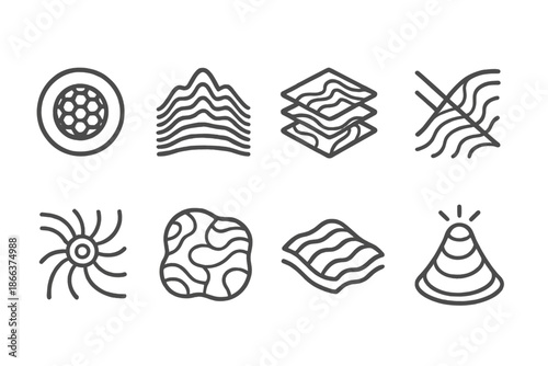 Entomological Terrain Icons. Line style icons of entomological terrain mapping: insect eye grid, mountain ripple pattern, layered