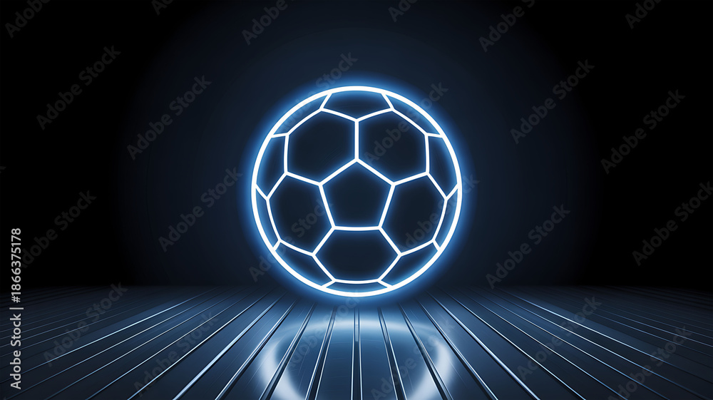 Fototapeta premium Neon glowing soccer ball on dark futuristic sports stage