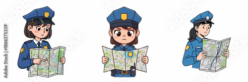 Cartoon Style Female Police Officer Character Illustration with Map Asset