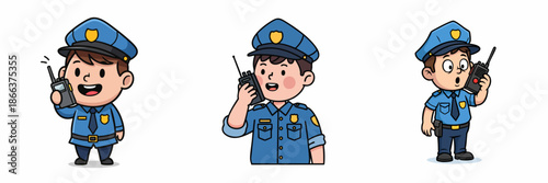 Cartoon Style Policeman Holding a Walkie Talkie Illustration Set