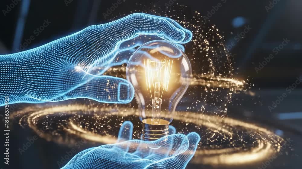 custom made wallpaper toronto digitalHolographic blue wireframe hands cradle a glowing incandescent light bulb surrounded by golden particle energy sparks.