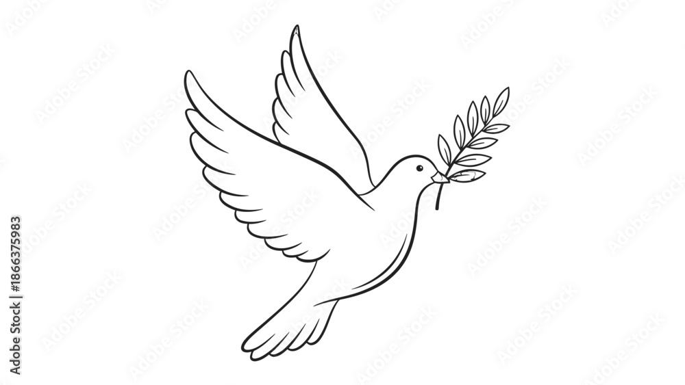 Obraz premium Simple Line Art Dove Holding Olive Branch, Isolated White Background
