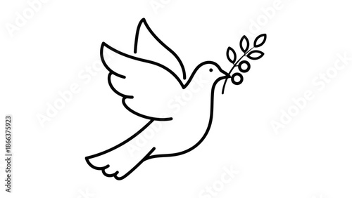 Graceful flying dove outline carrying olive branch, universal peace symbol, isolated white background