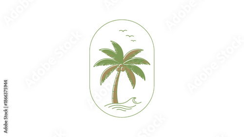Minimalist palm tree island logo concept, green and brown tropical nature illustration, isolated white background