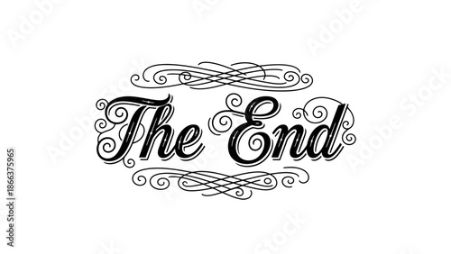 Decorative vintage 'The End' text with ornamental frame, classic movie screen closing title, isolated white background