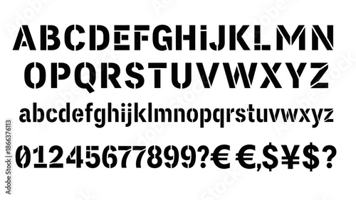 Bold Sans-Serif English Alphabet, Uppercase and Lowercase Letters with Numbers and Currency Symbols, Isolated White Background, Informative Mood