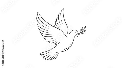 Outline Illustration of a White Dove Flying with an Olive Branch, Isolated White Background, Peaceful Hopeful Mood