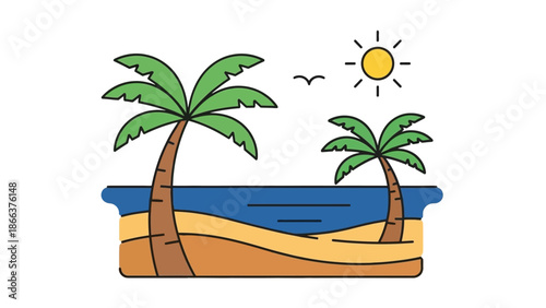 Idyllic Sunny Tropical Beach with Palm Trees, Ocean, and Birds, Blue Sky Background, Happy Relaxed Mood