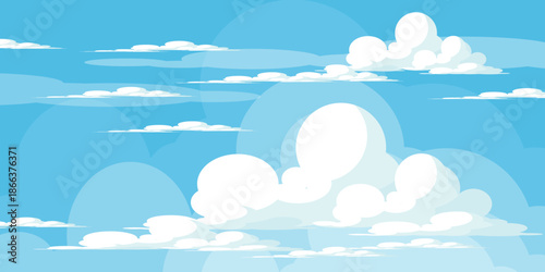 Illustration of a blue sky with white clouds in a flat style. Blue sky background and white clouds. Cartoon sky	